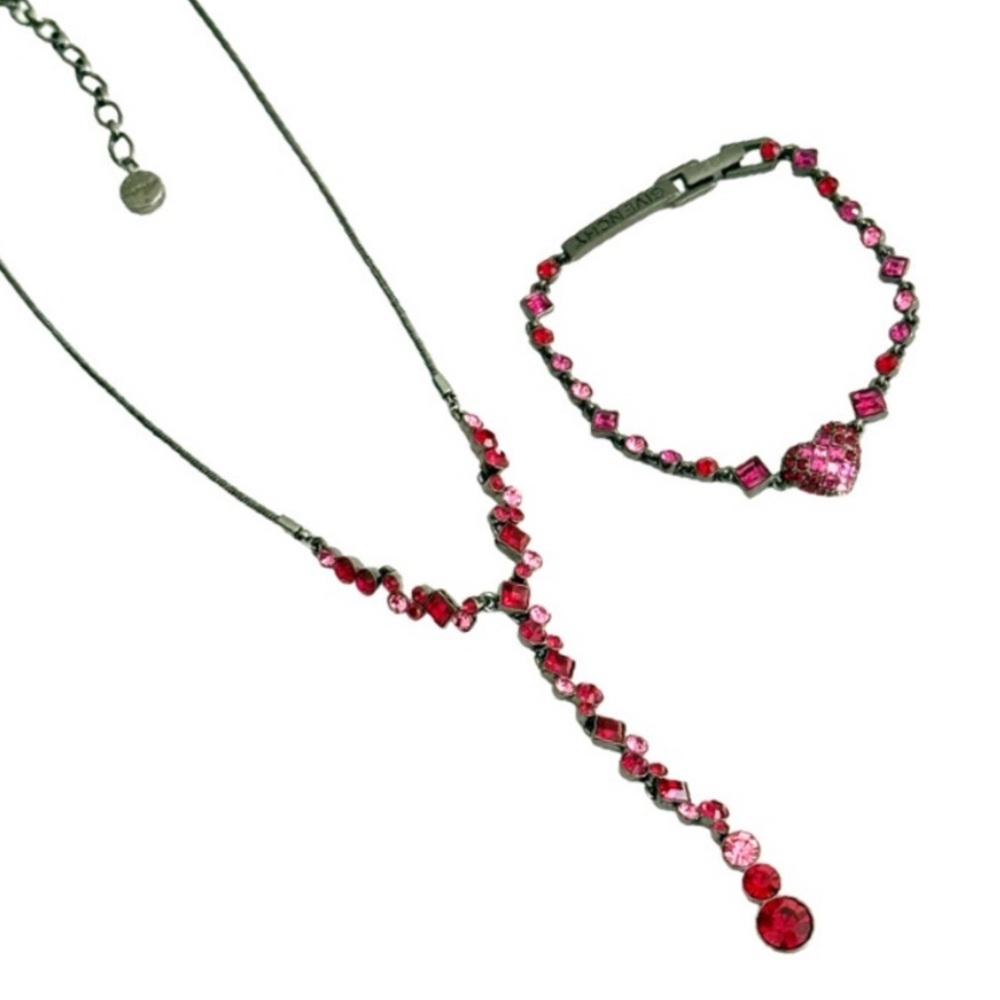 Givenchy Lariat Style Drop Mixed Crystal Necklace Pink Red Gunmetal Gray - Picture 7 of 7